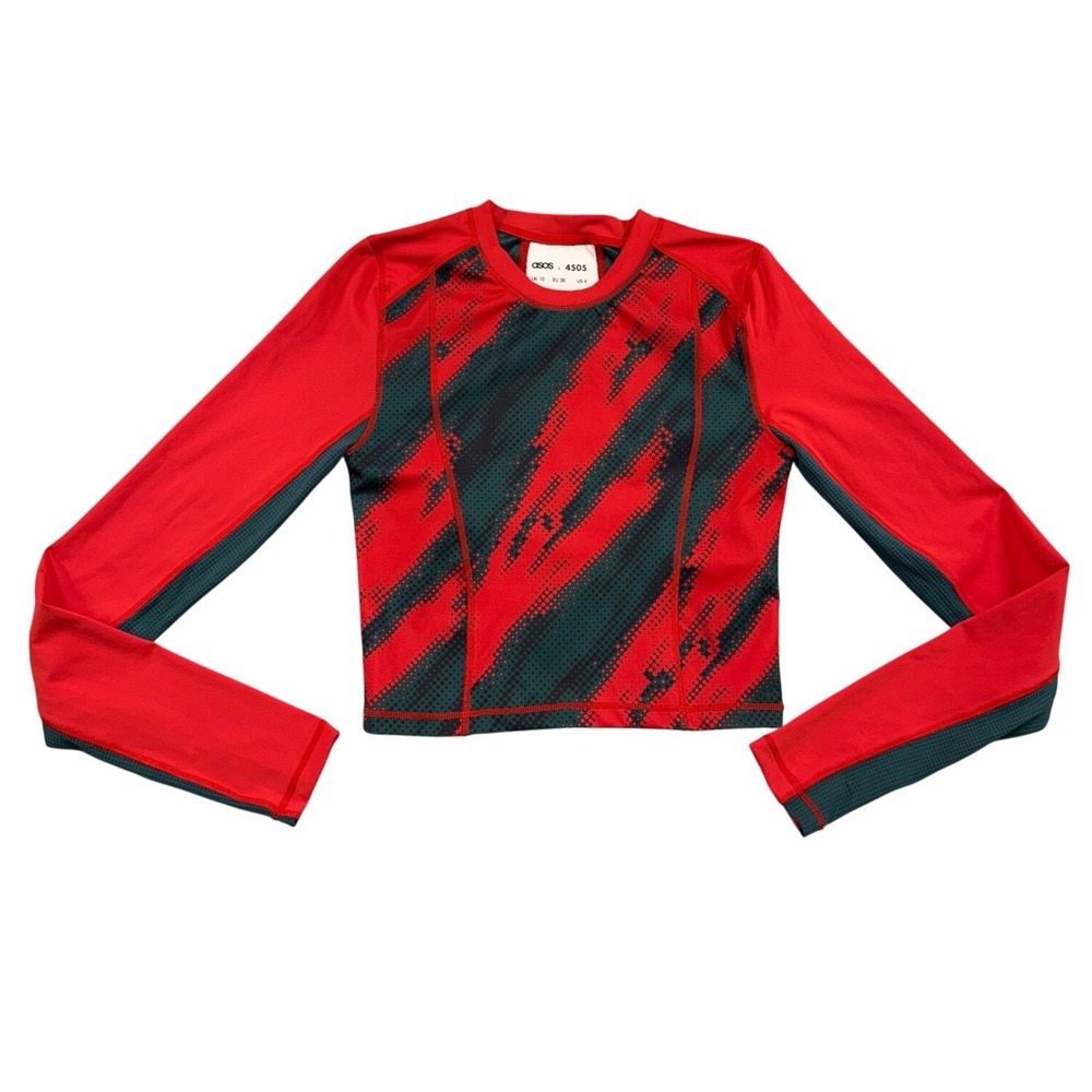 ASOS 4505‎ Womens Red Teal Abstract Graphic Long Sleeve Crop Active Top Size 6